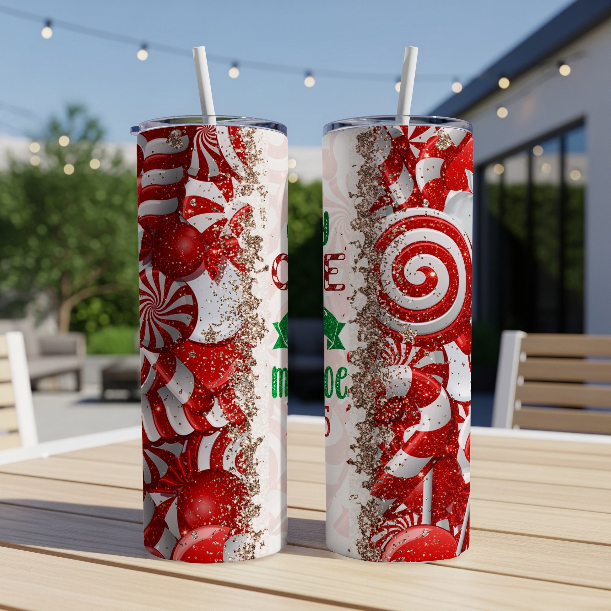 Two tumblers with Christmas candy and glitter design.