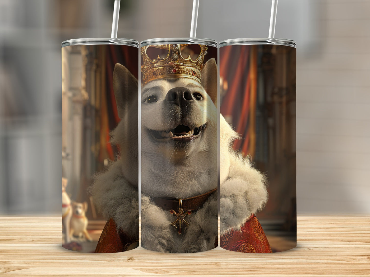 Dog wearing a crown and regal robe, centered on tumblers.