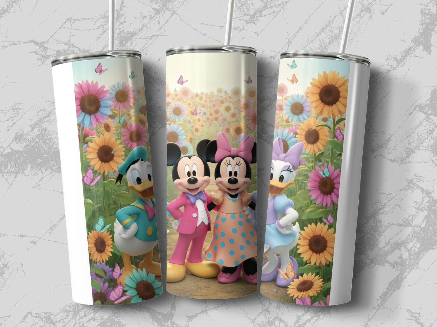 Disney Characters in Flower Field Tumbler Design
