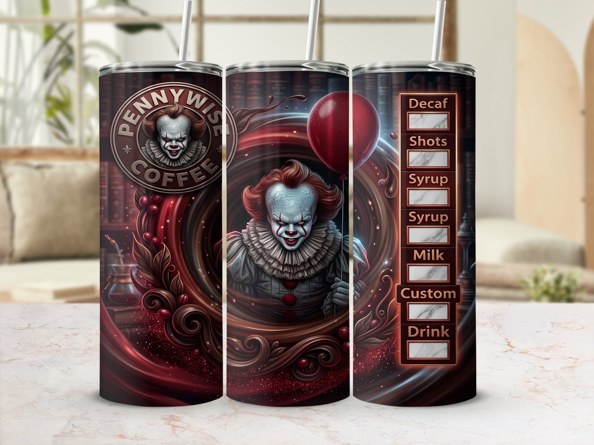 Pennywise coffee tumbler with red balloon and drink customization options.