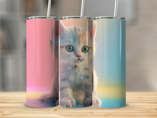 Three tumblers featuring a cute kitten in front of pastel backgrounds.