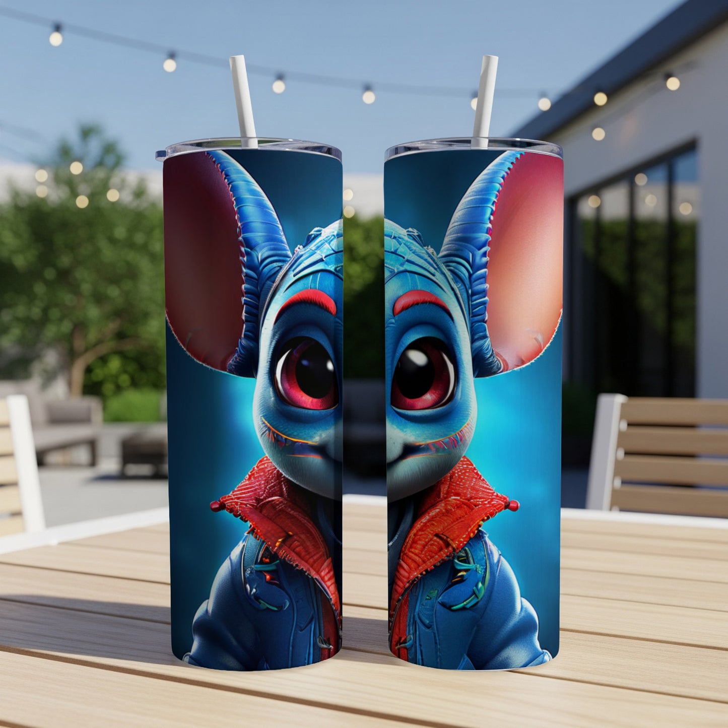 Blue alien character with big red eyes wearing a red-lined jacket.