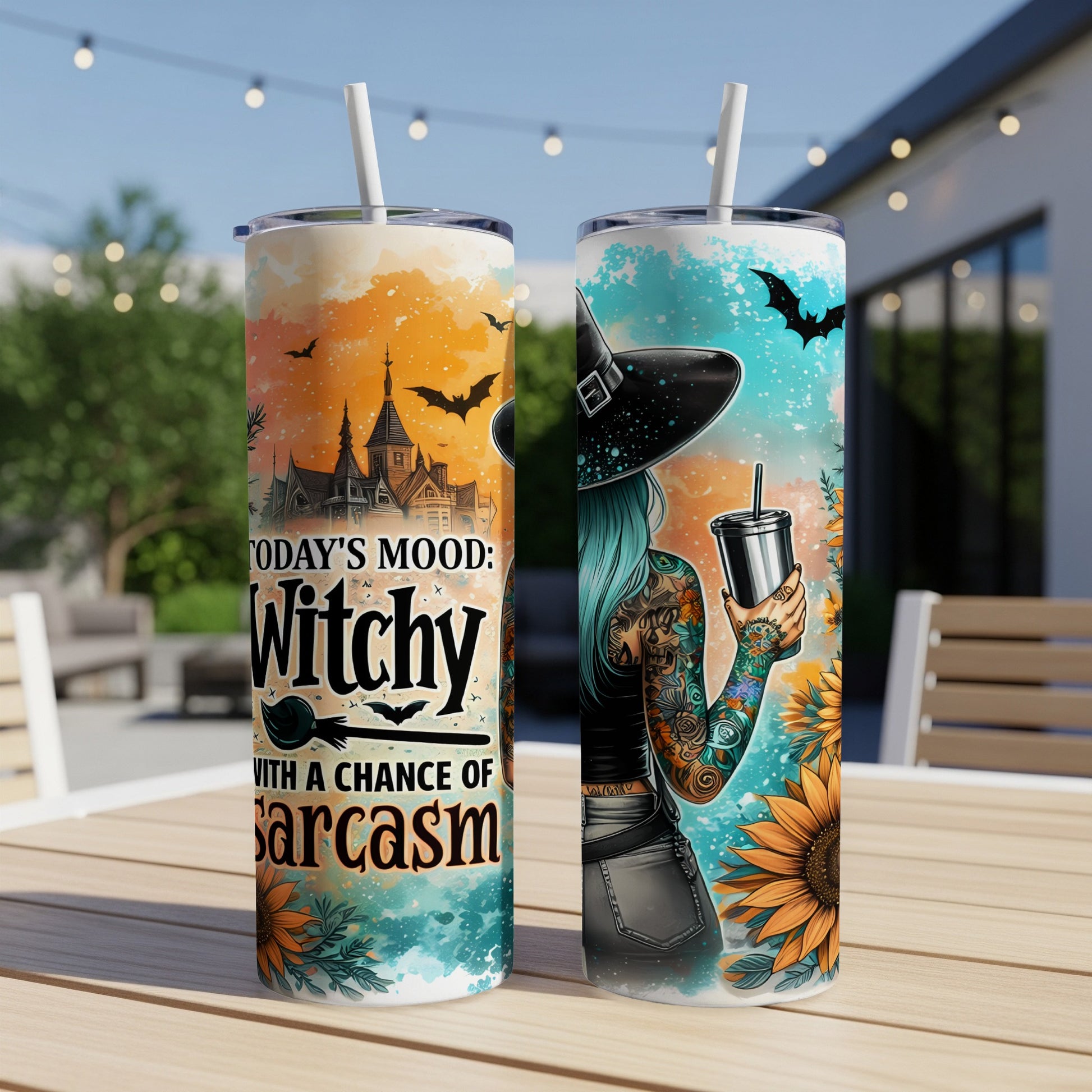 Two tumblers with witchy Halloween designs and the text "Today's Mood: Witchy with a chance of Sarcasm".