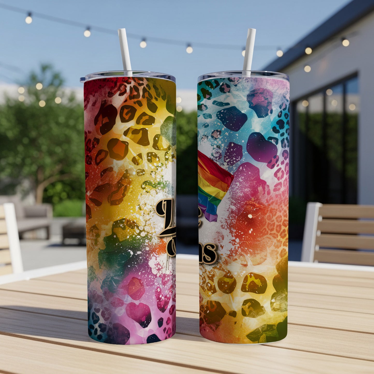 Two colorful tumblers with rainbow leopard print and "Love Wins" text.