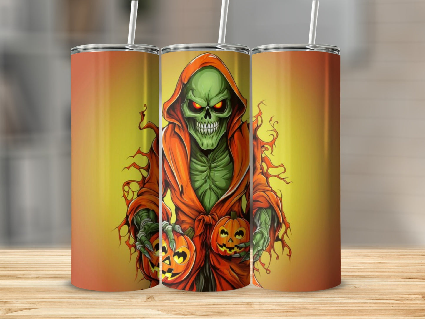 Grim reaper with green skin and pumpkins on three tumblers.