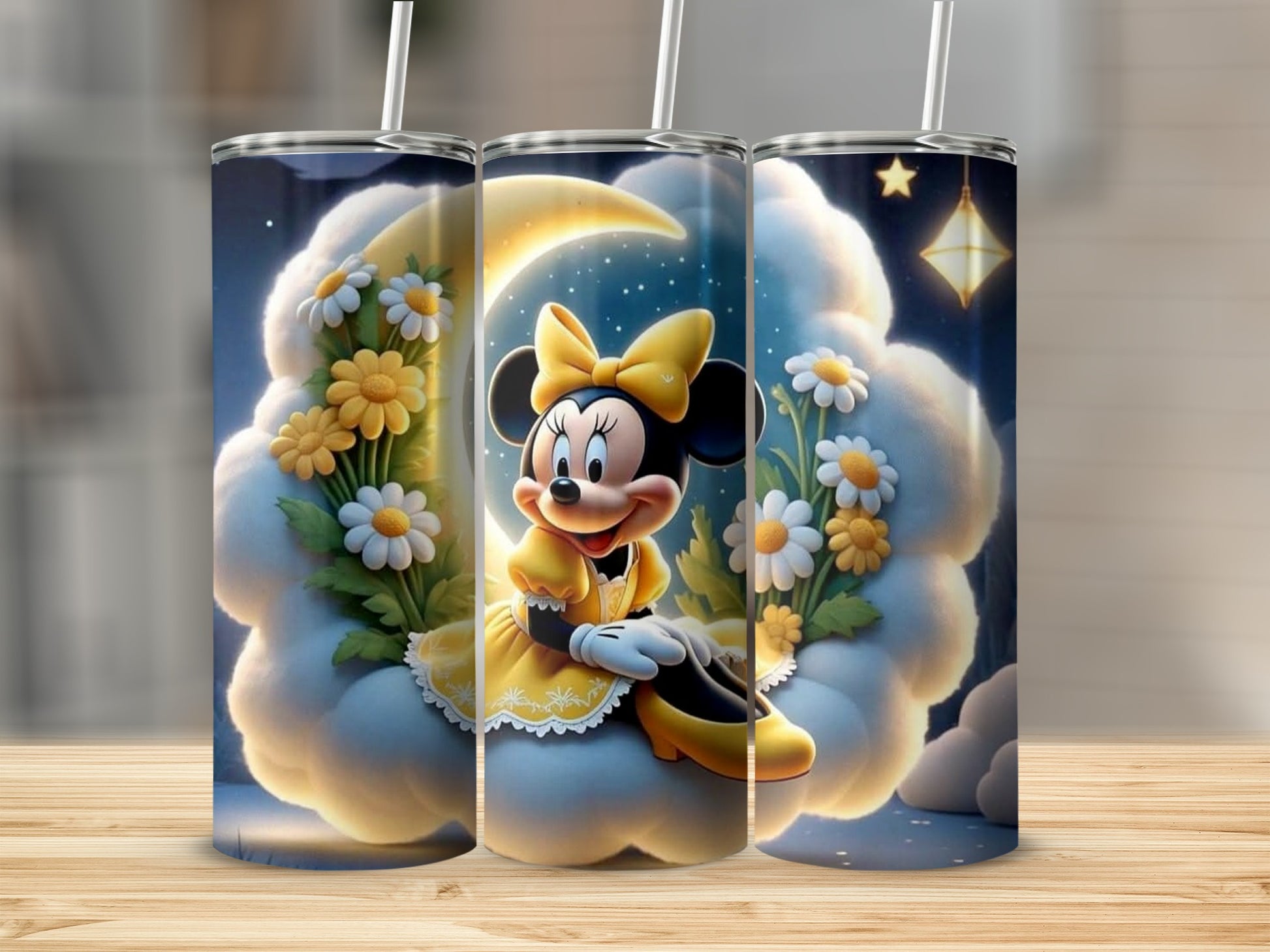 Minnie Mouse sitting on a crescent moon with clouds and daisies.