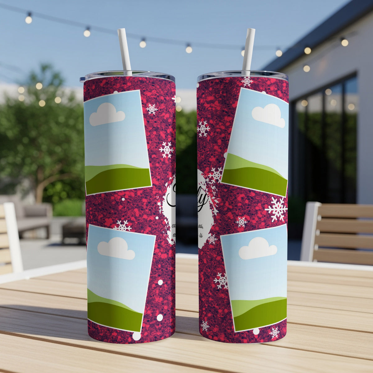Two tumblers with a red glitter background, snowflakes, and photo placeholders.