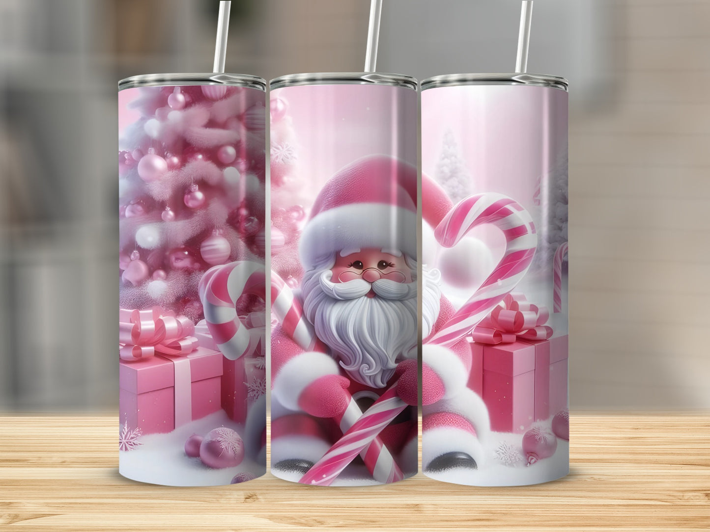 Pink Christmas Santa and Candy Cane Tumbler