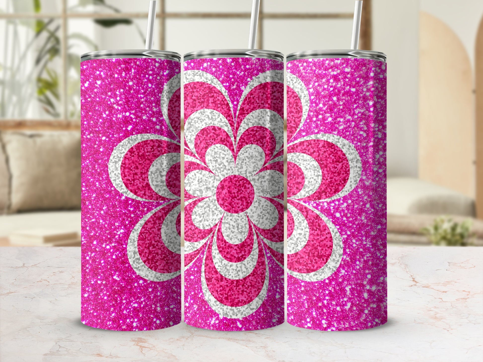 Sparkling Pink Flower Design Tumbler Cup Decoration