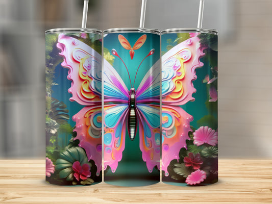 Pink, blue, and yellow butterfly design on three stainless steel tumblers.
