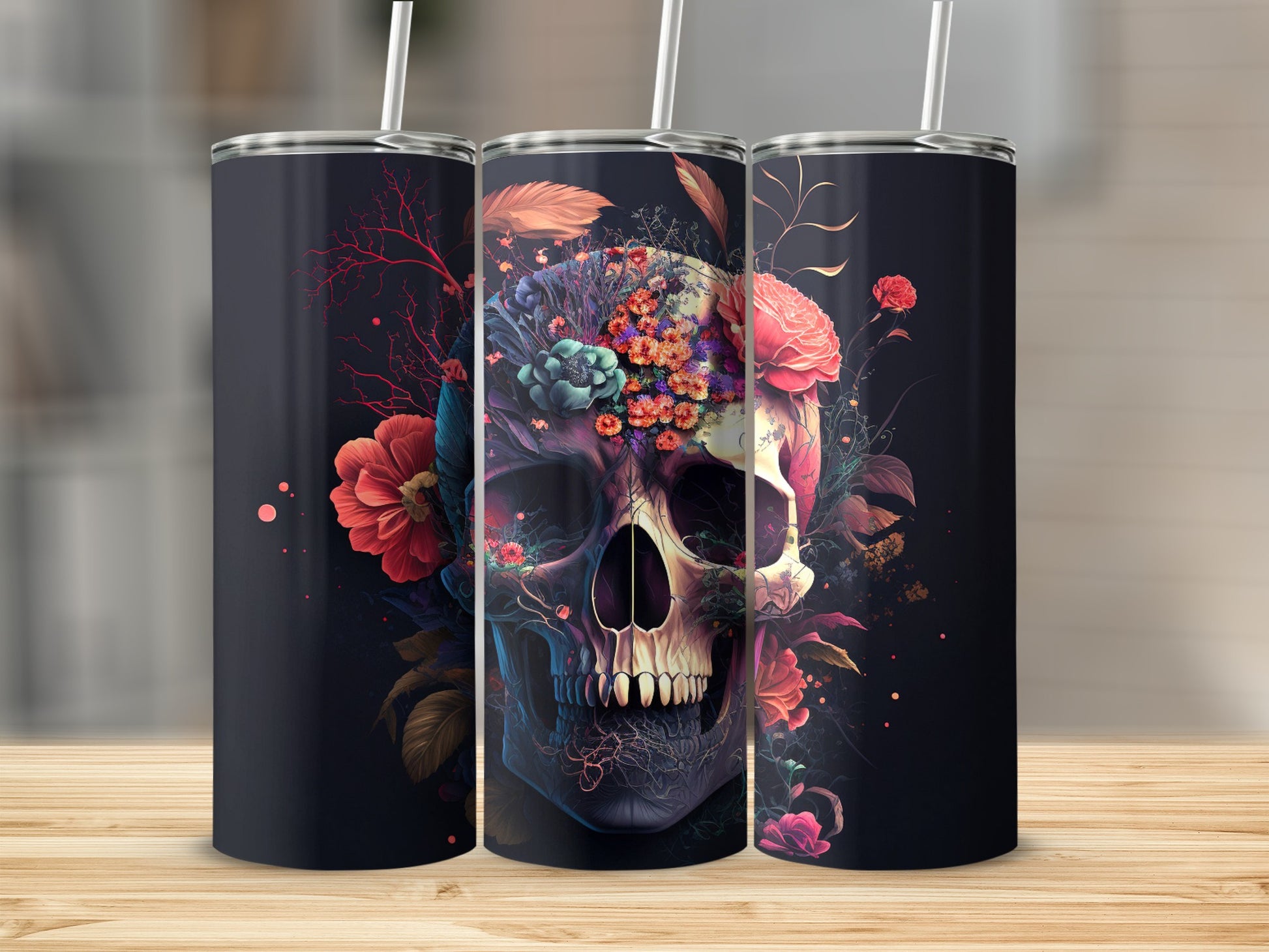 Colorful Skull Design Tumbler with Floral Accents