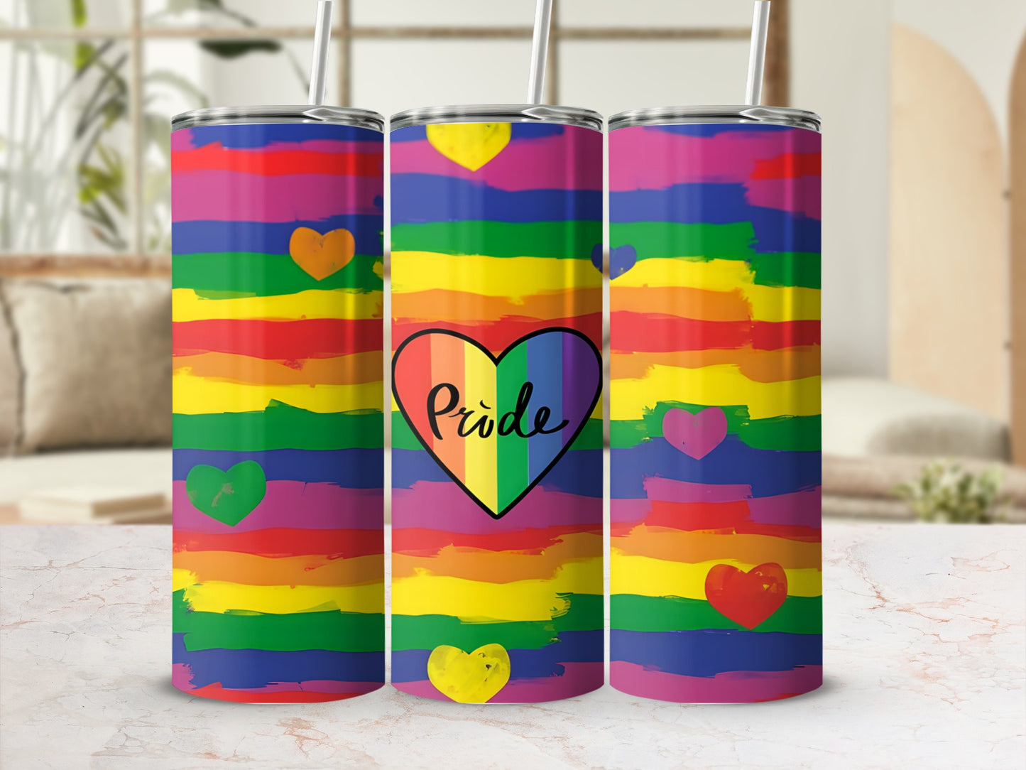 Rainbow pride tumbler with hearts and the word "Pride".
