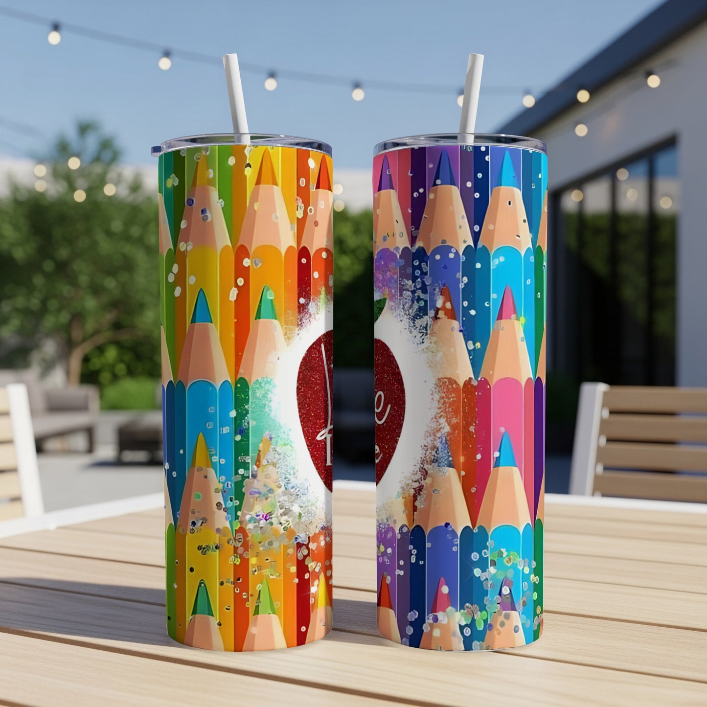 Two tumblers with colorful pencil designs and a red heart graphic.
