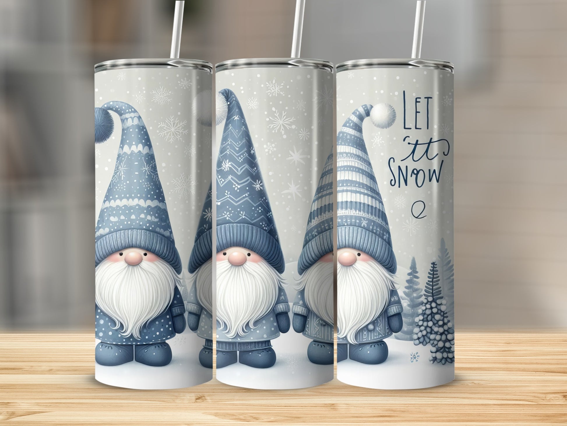 Three tumblers featuring cartoon gnomes with blue hats and white beards.