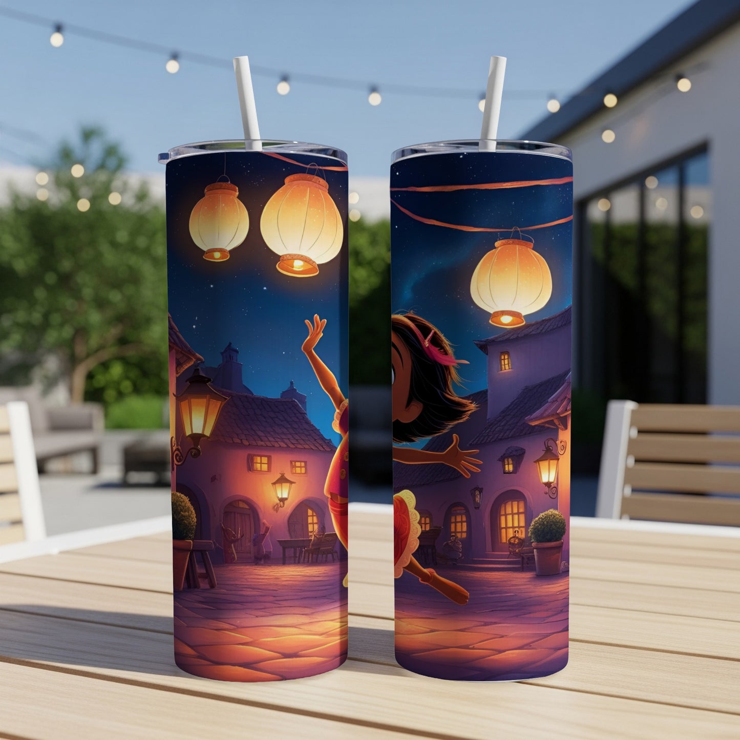 Tumbling girl in illuminated town square with paper lanterns under night sky.