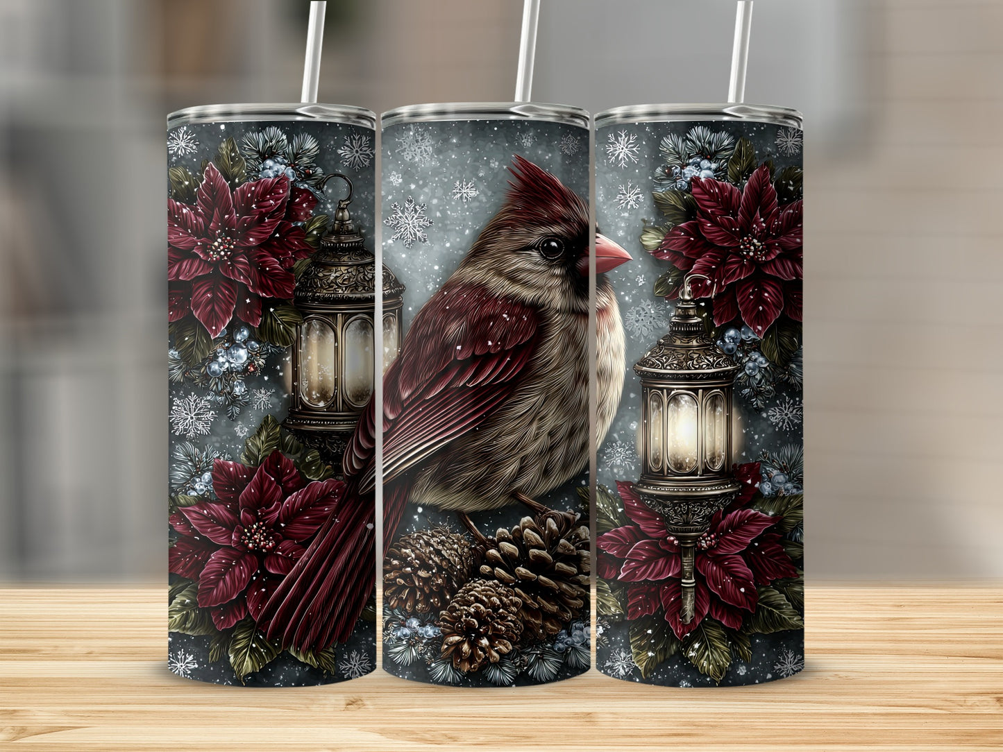 Elegant Winter Cardinal and Lantern Tumbler Design