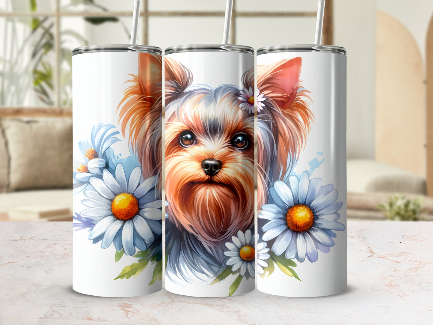 Three tumblers featuring a watercolor Yorkshire terrier portrait with daisies.