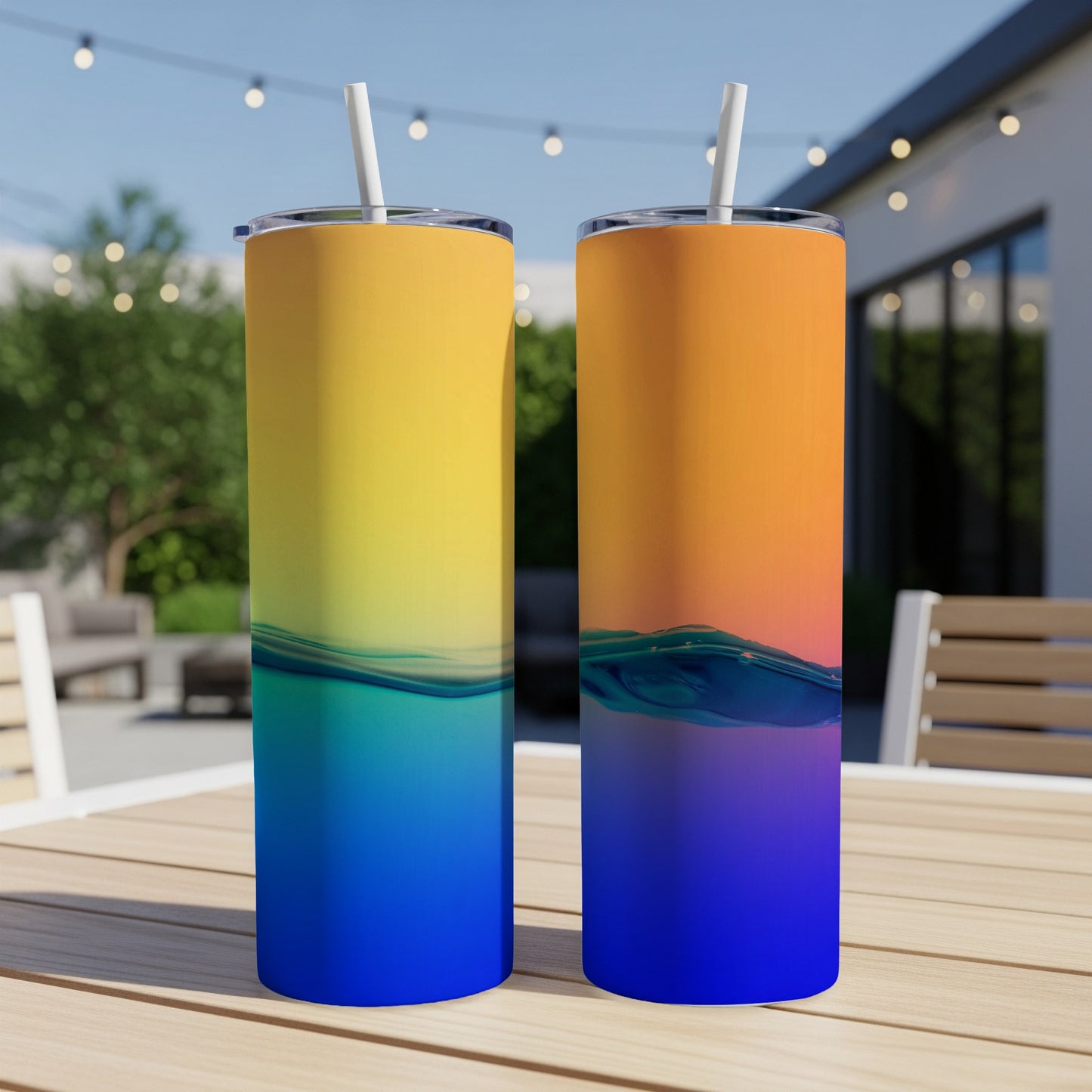 Two tumblers with a gradient of blue, orange, and yellow hues sit on a table.