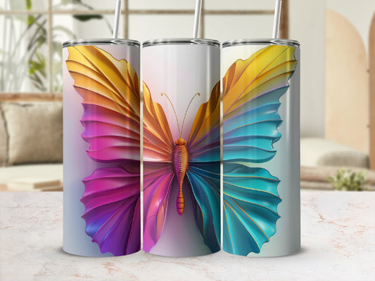 Three tumblers with a vibrant, iridescent butterfly wing design.