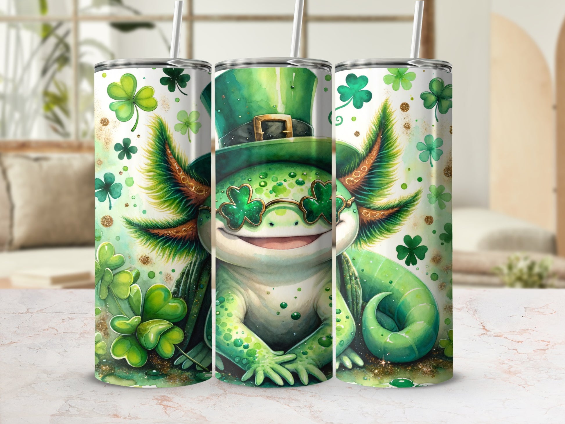 St. Patrick's Day axolotl wearing a hat and shamrock sunglasses, surrounded by shamrocks.