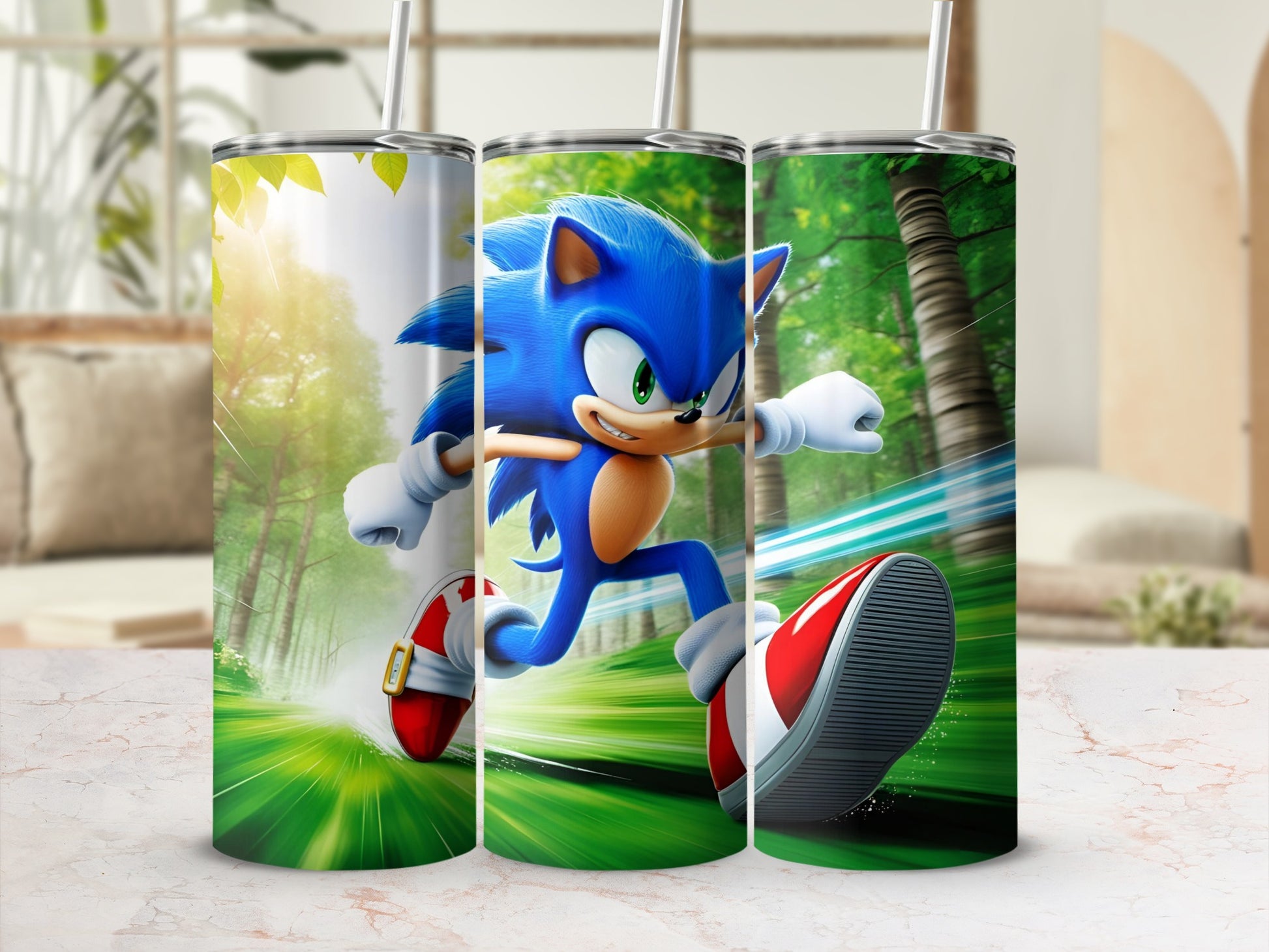 Sonic the Hedgehog running with motion blur, in a forest setting.