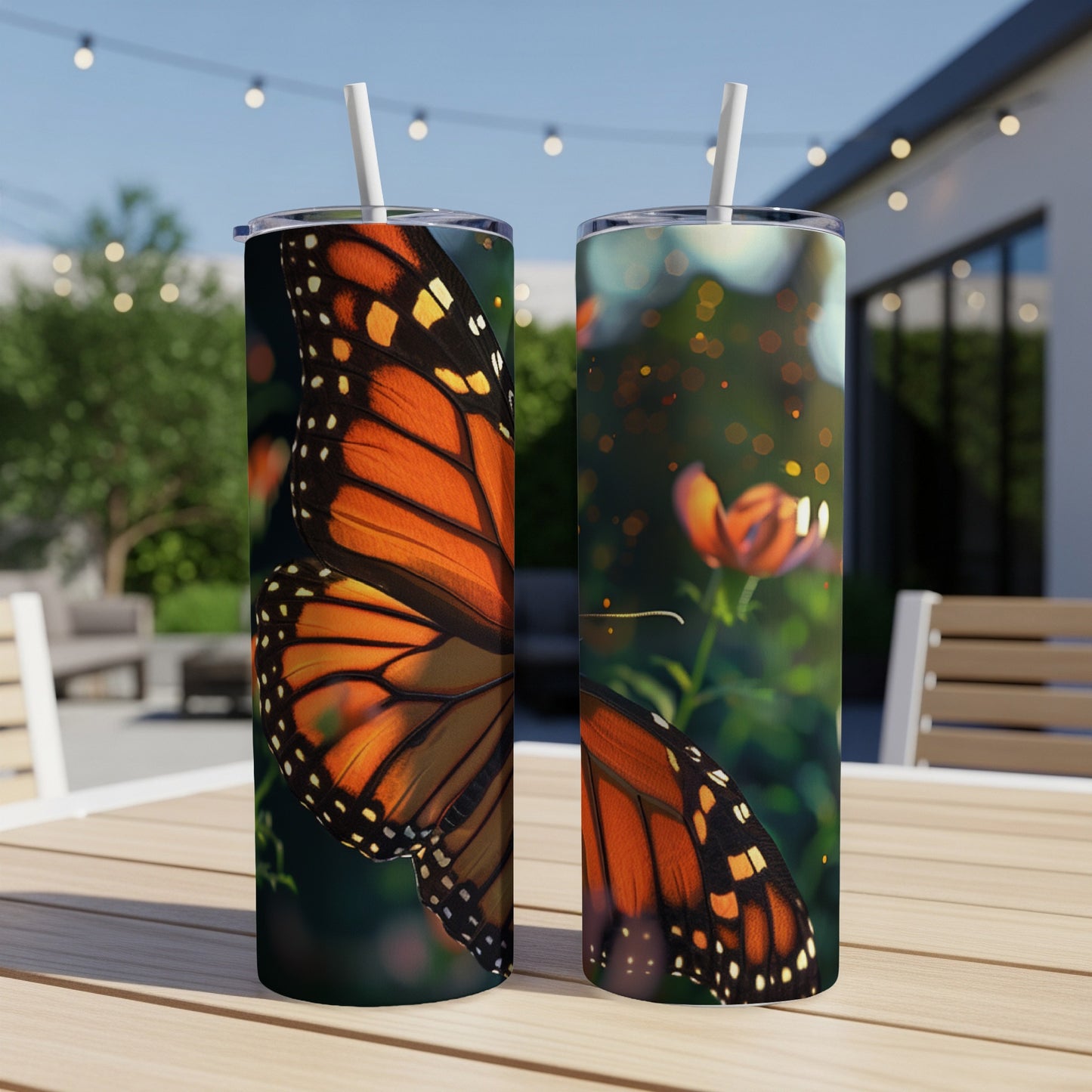 Two tumblers featuring a monarch butterfly wing design.