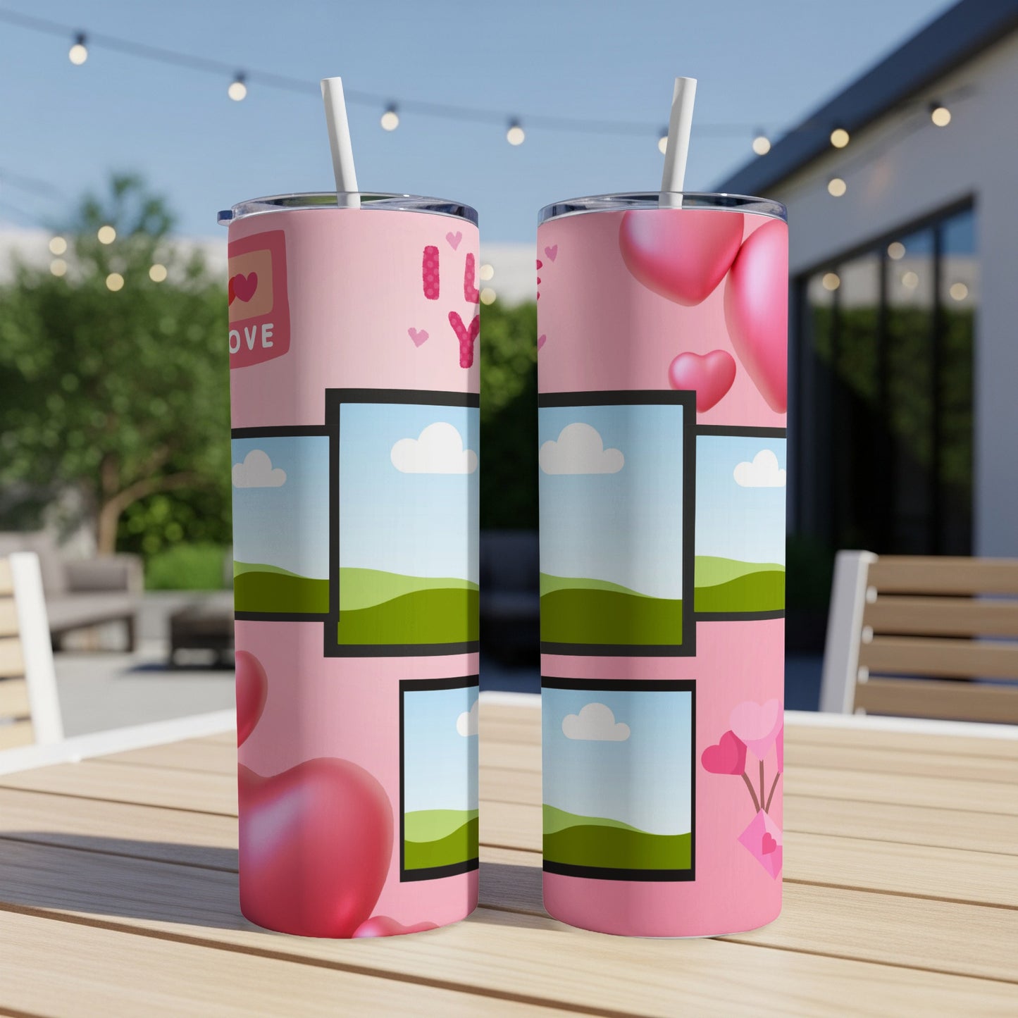 Pink tumbler with "I LOVE YOU" text, hearts, and photo frames.