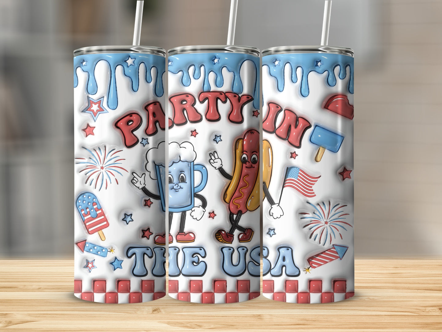 Three 3D tumblers with patriotic, party-themed graphics and characters.