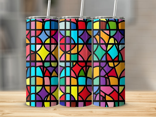 Three tumblers with a colorful stained-glass pattern.
