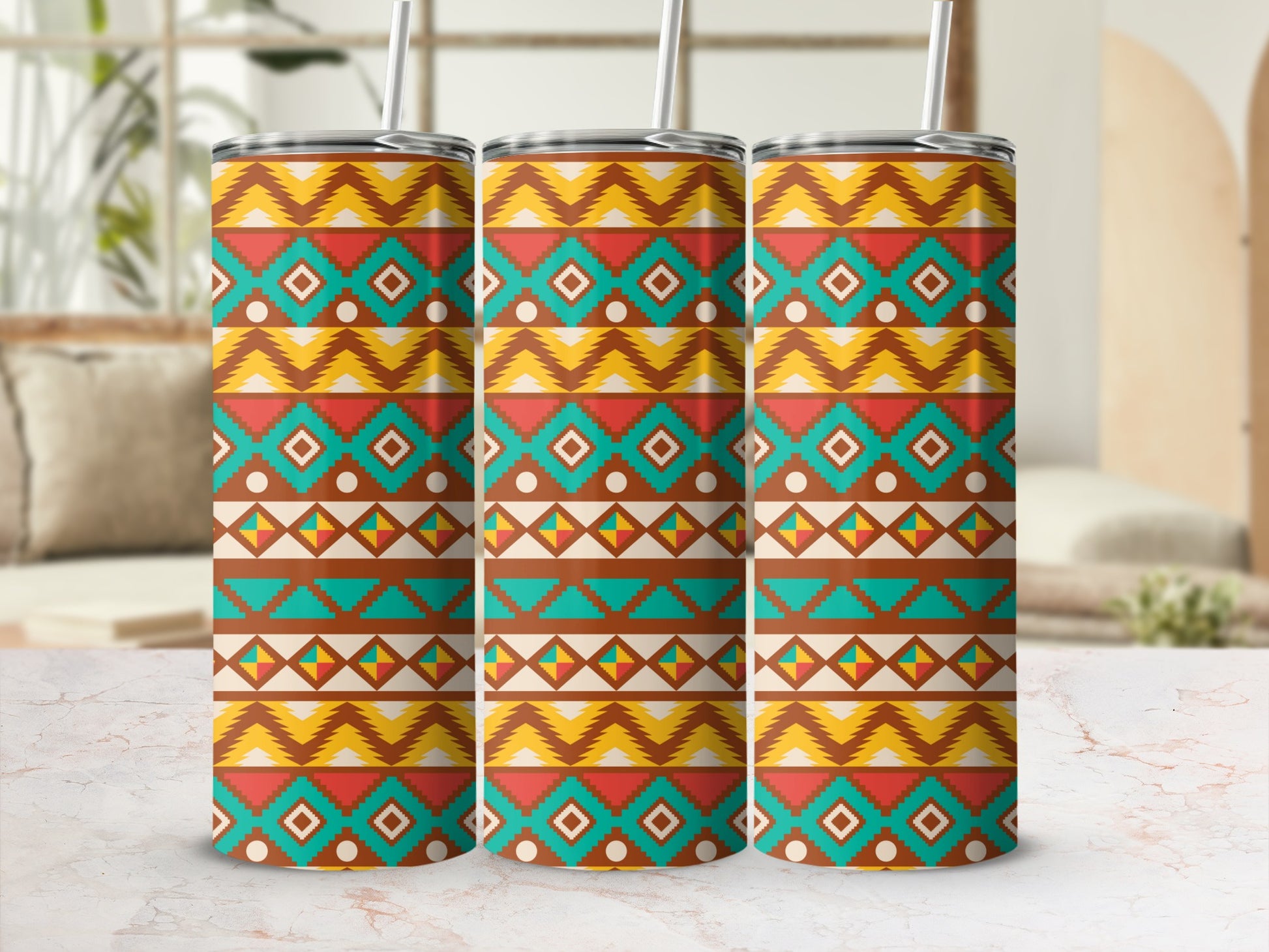 Colorful Tribal Geometric Patterned Tumbler with Straw