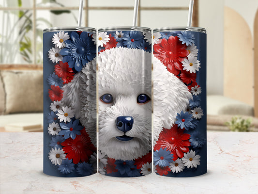 White poodle with red, white, and blue floral accents on a tumbler.