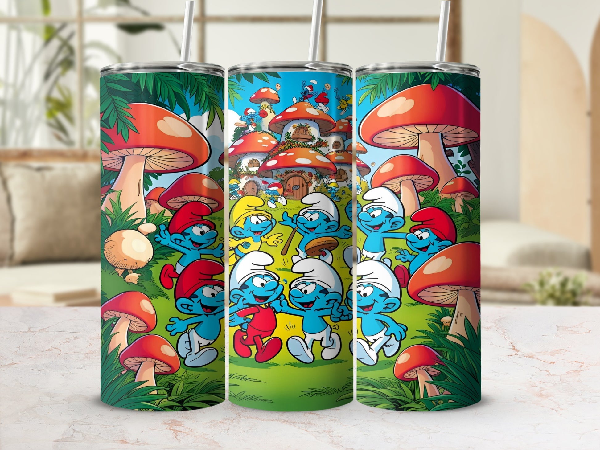 Smurfs in mushroom village with stylized mushrooms and greenery.