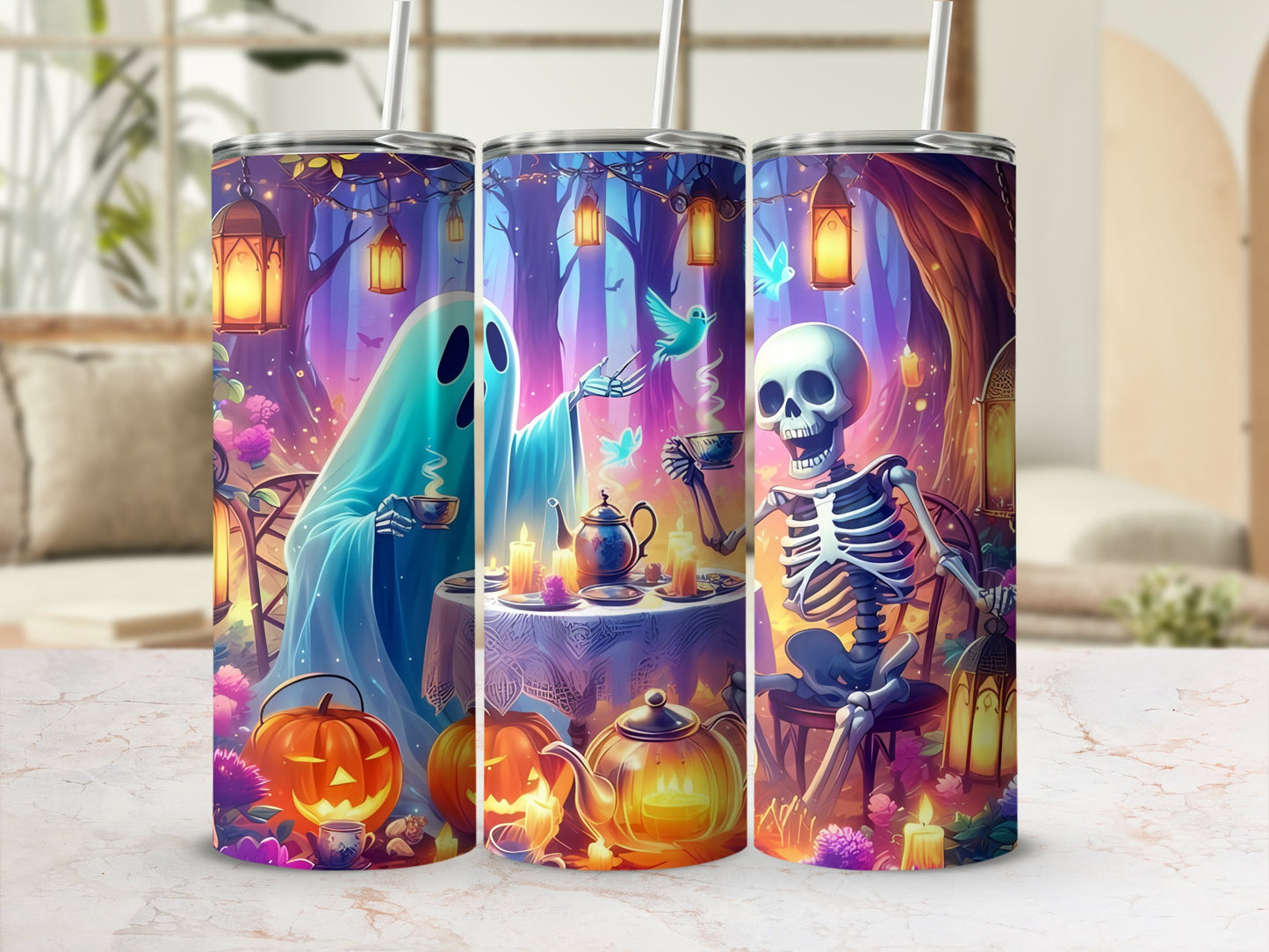 Halloween tumblers feature a ghost and skeleton at a tea party in a mystical forest.