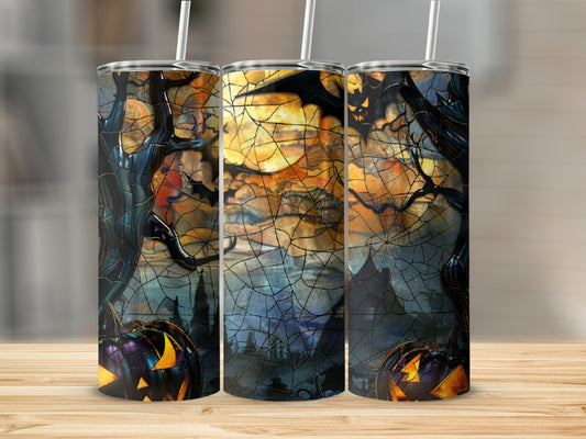 Halloween tumbler with pumpkins, bats, and moonlit castle scene.