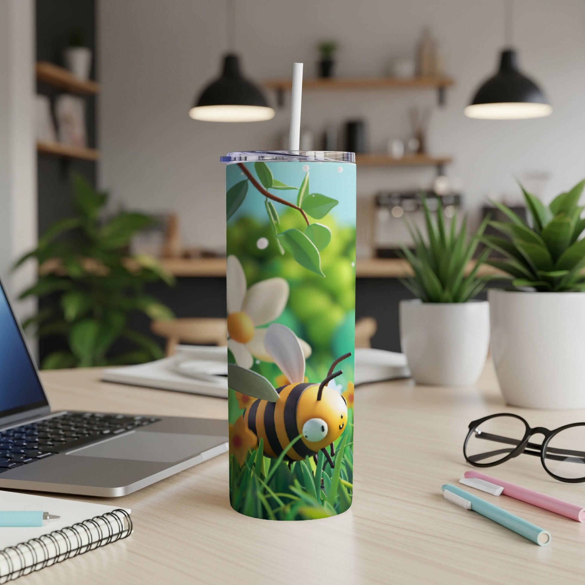 Cartoon bee with wings on a tumbler with grass and flowers.