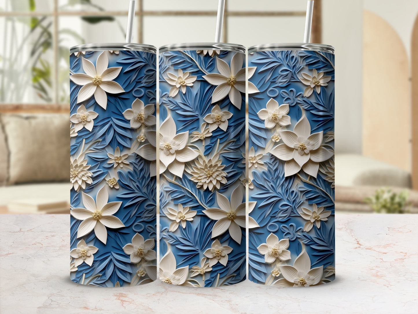 Blue Floral Pattern Insulated Stainless Steel Tumbler
