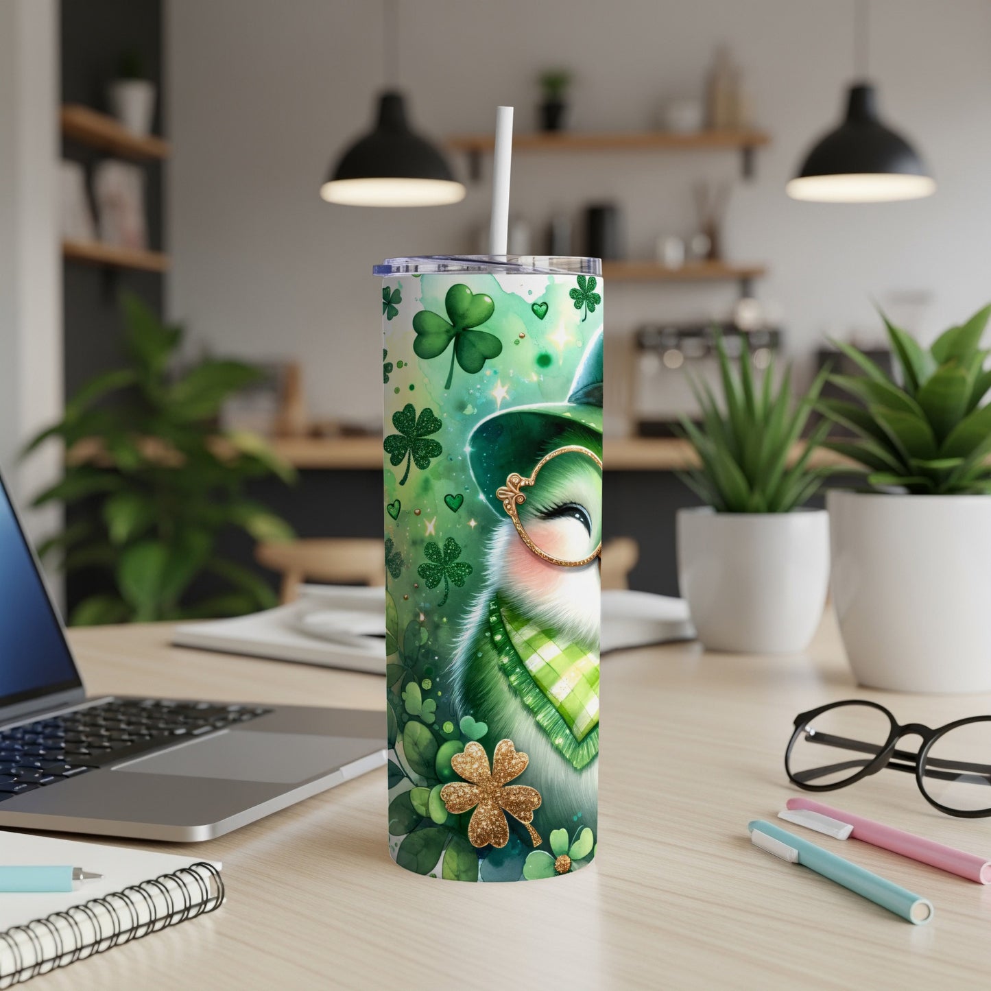 Green St. Patrick's Day tumbler with shamrocks, a cat wearing a hat, and gold glitter.