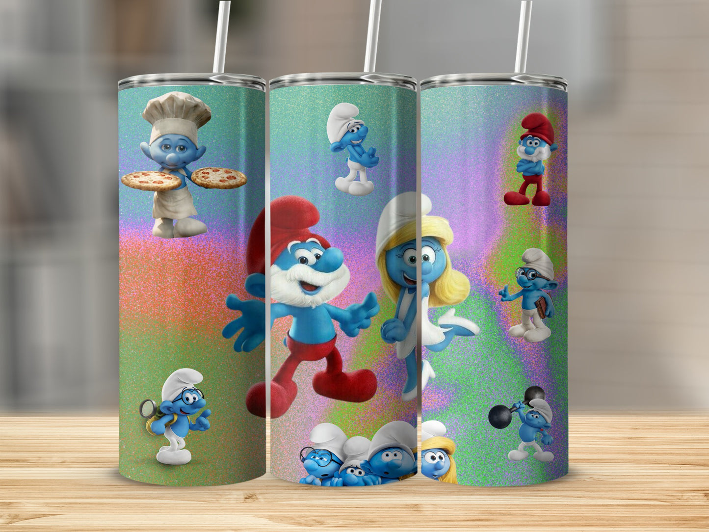 Colorful Smurf Character Art Tumbler set with Straw