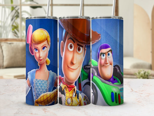 Woody, Bo Peep, and Buzz Lightyear from Toy Story on a blue tumbler.