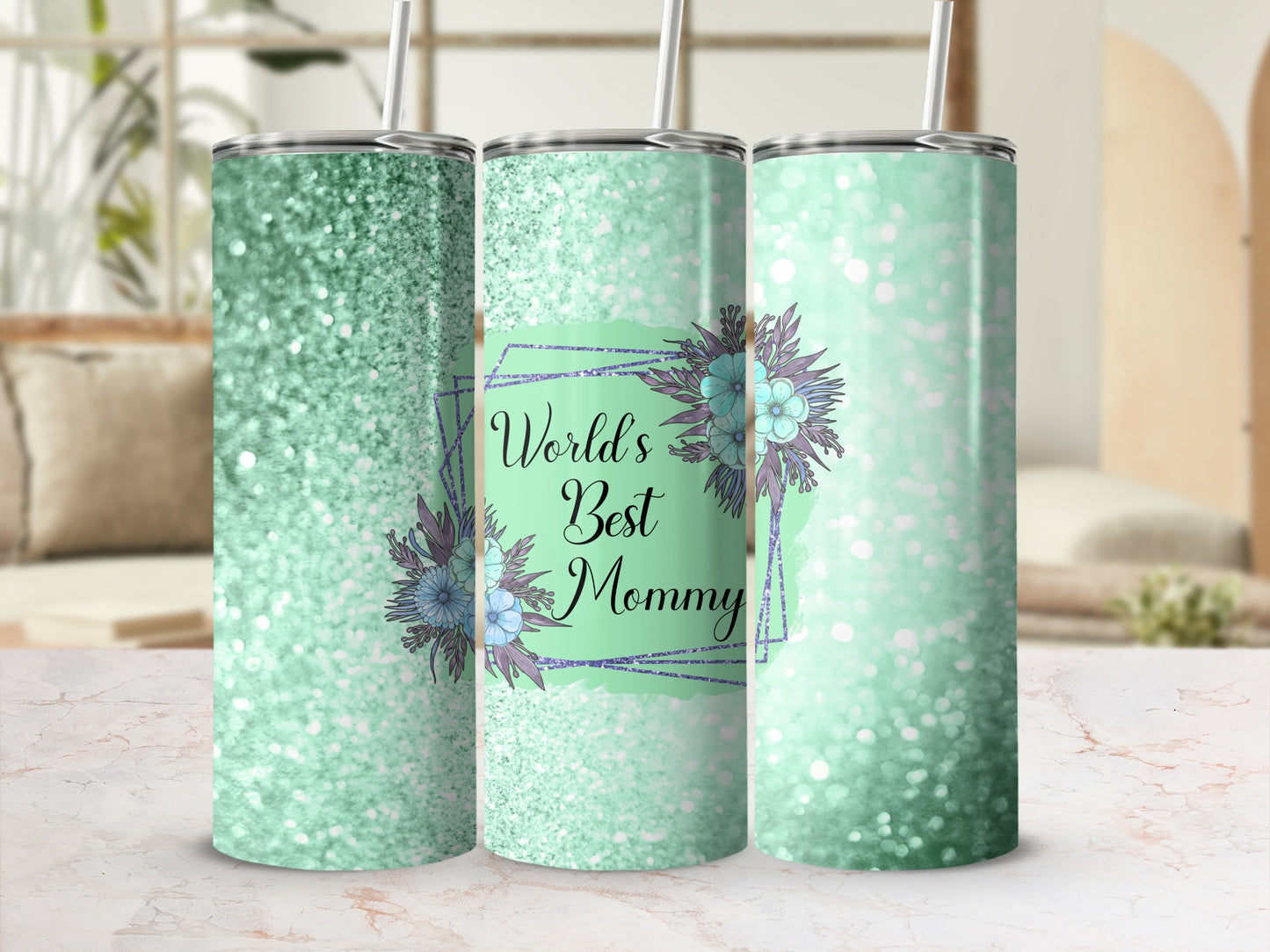 World's Best Mommy Floral Glitter Tumbler