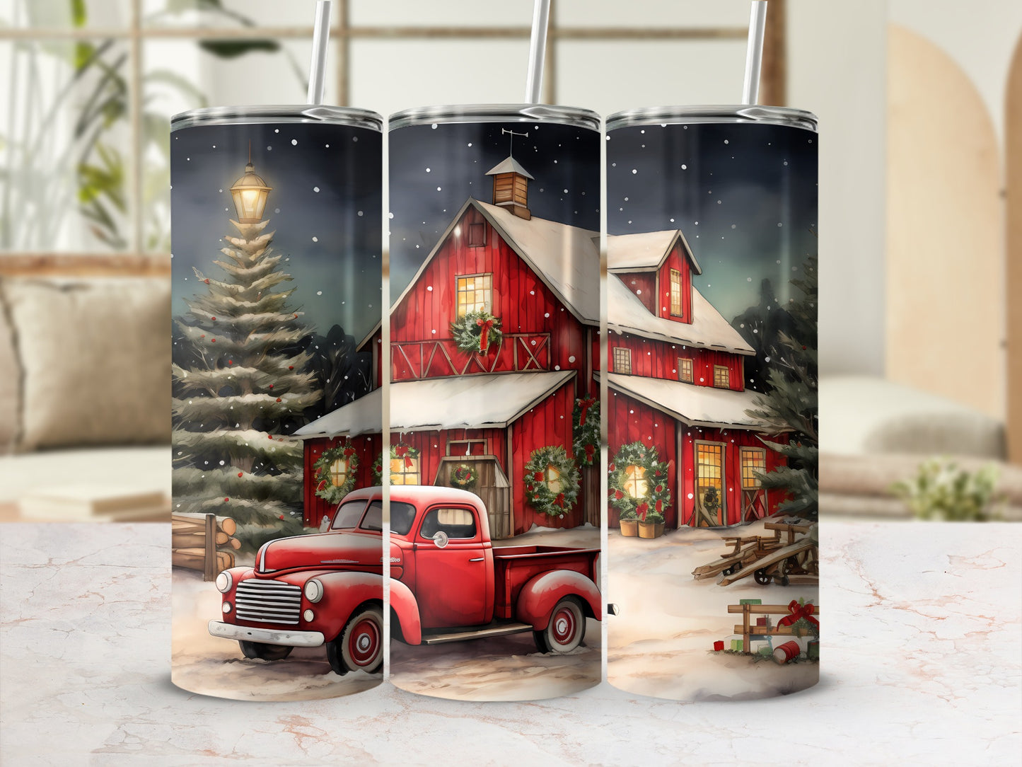 Vintage Holiday Barn Scene with Truck Tumbler Mug