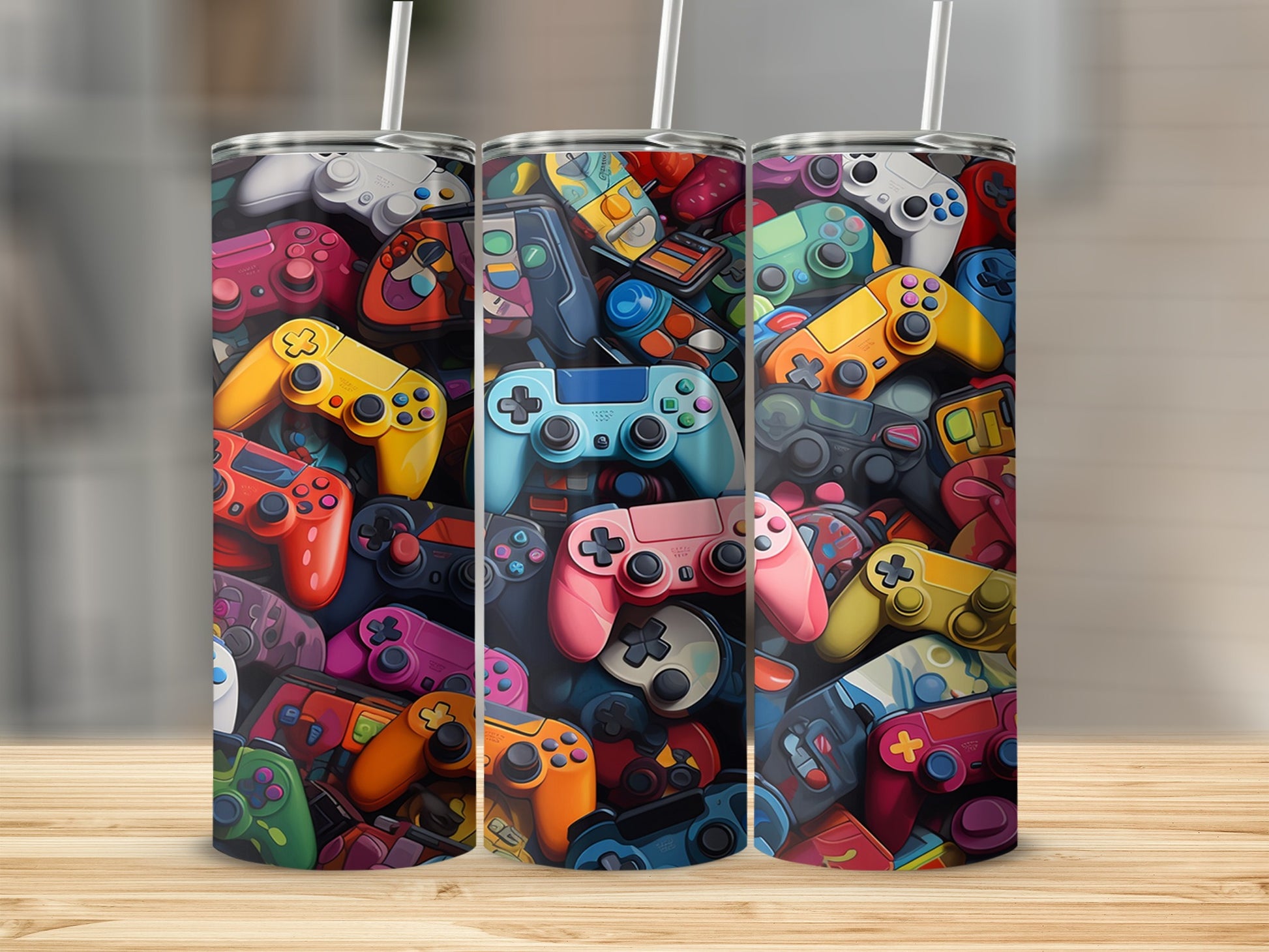 Collage of colorful video game controllers in a pile.