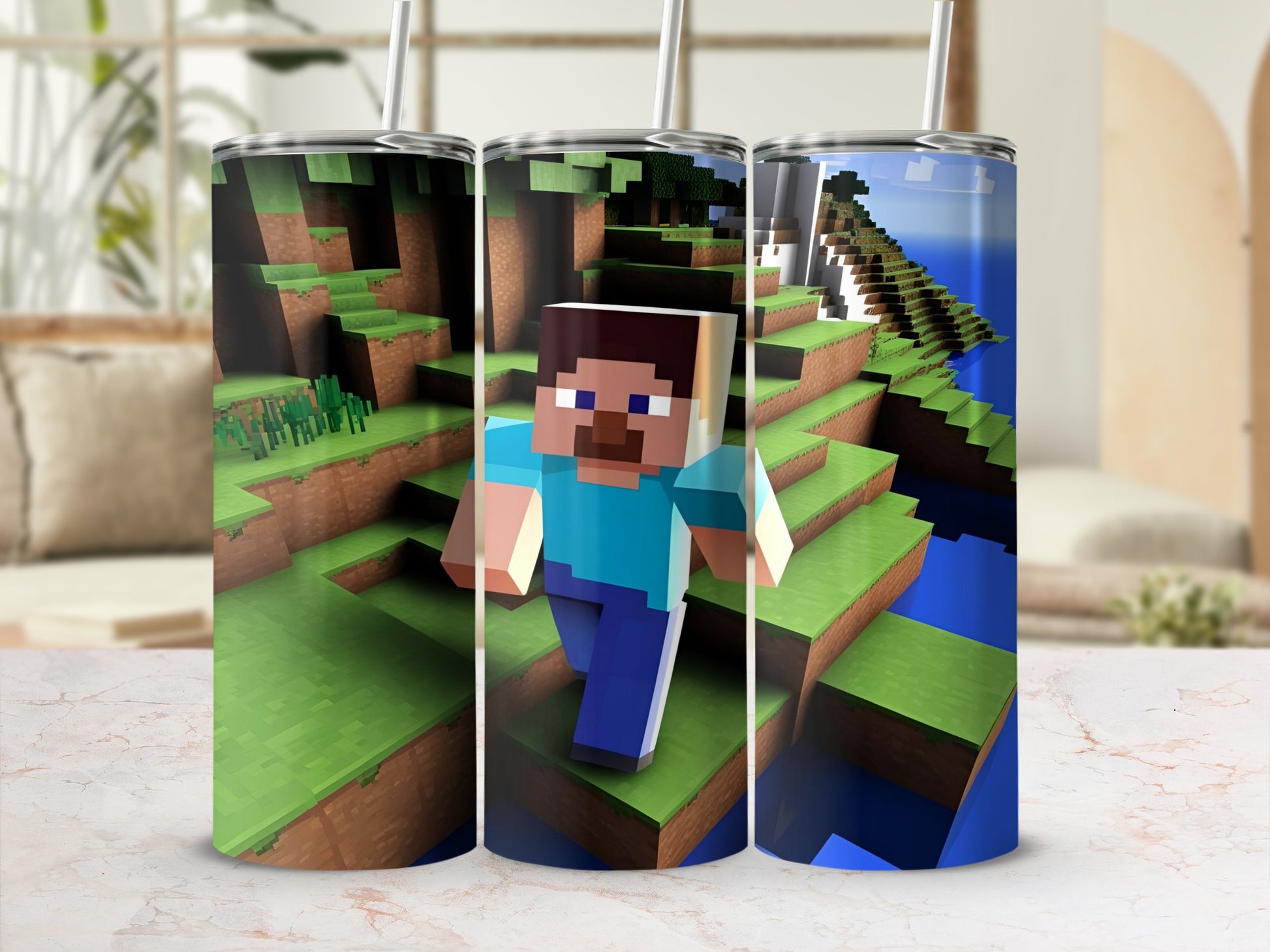 Minecraft character Steve in a pixelated landscape on a tumbler.