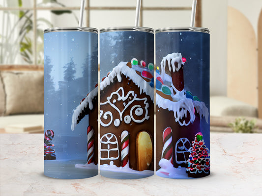 Three tumblers featuring a decorated gingerbread house scene with snowy trees.