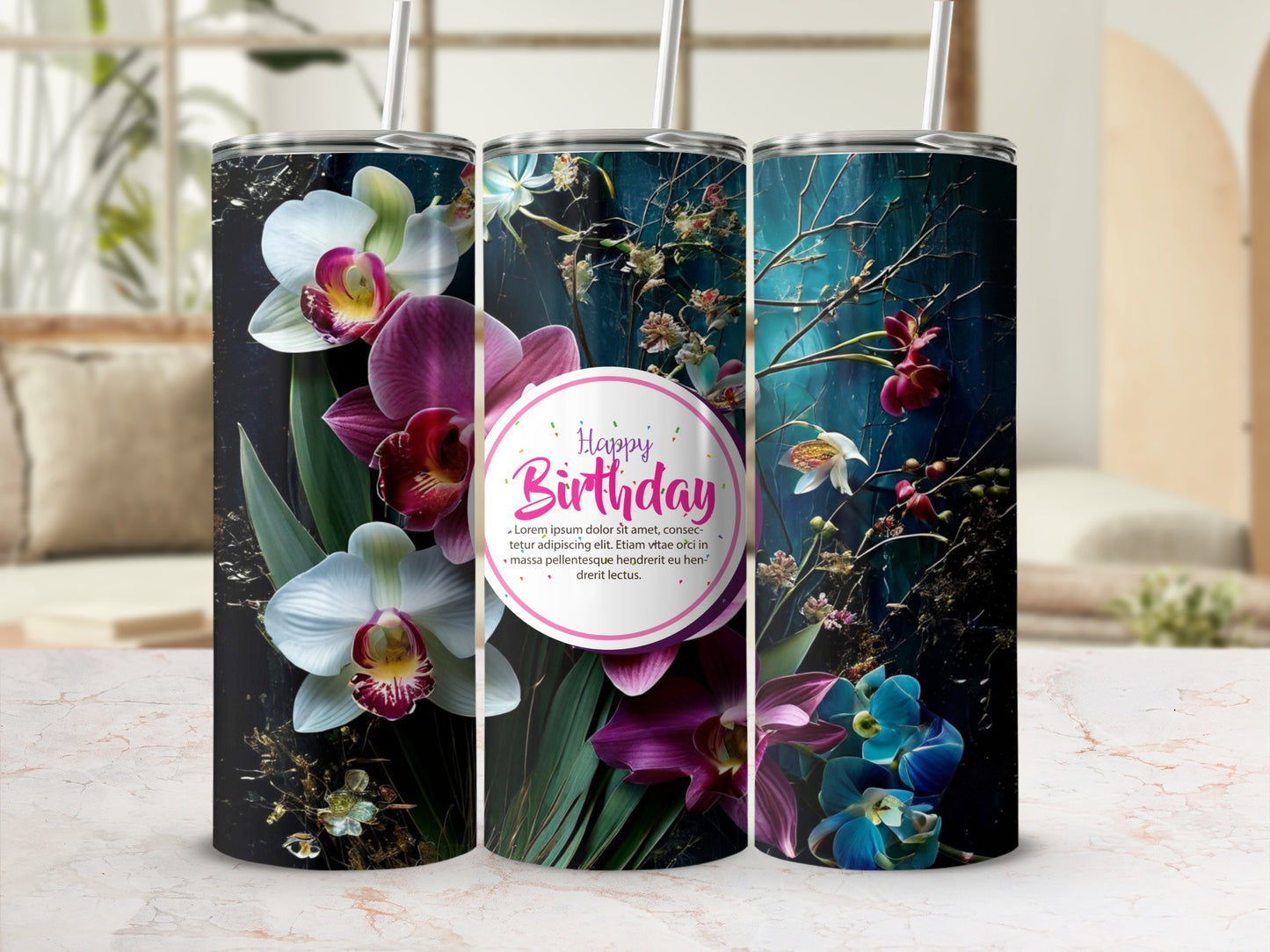 Floral tumbler with "Happy Birthday" text on dark background.