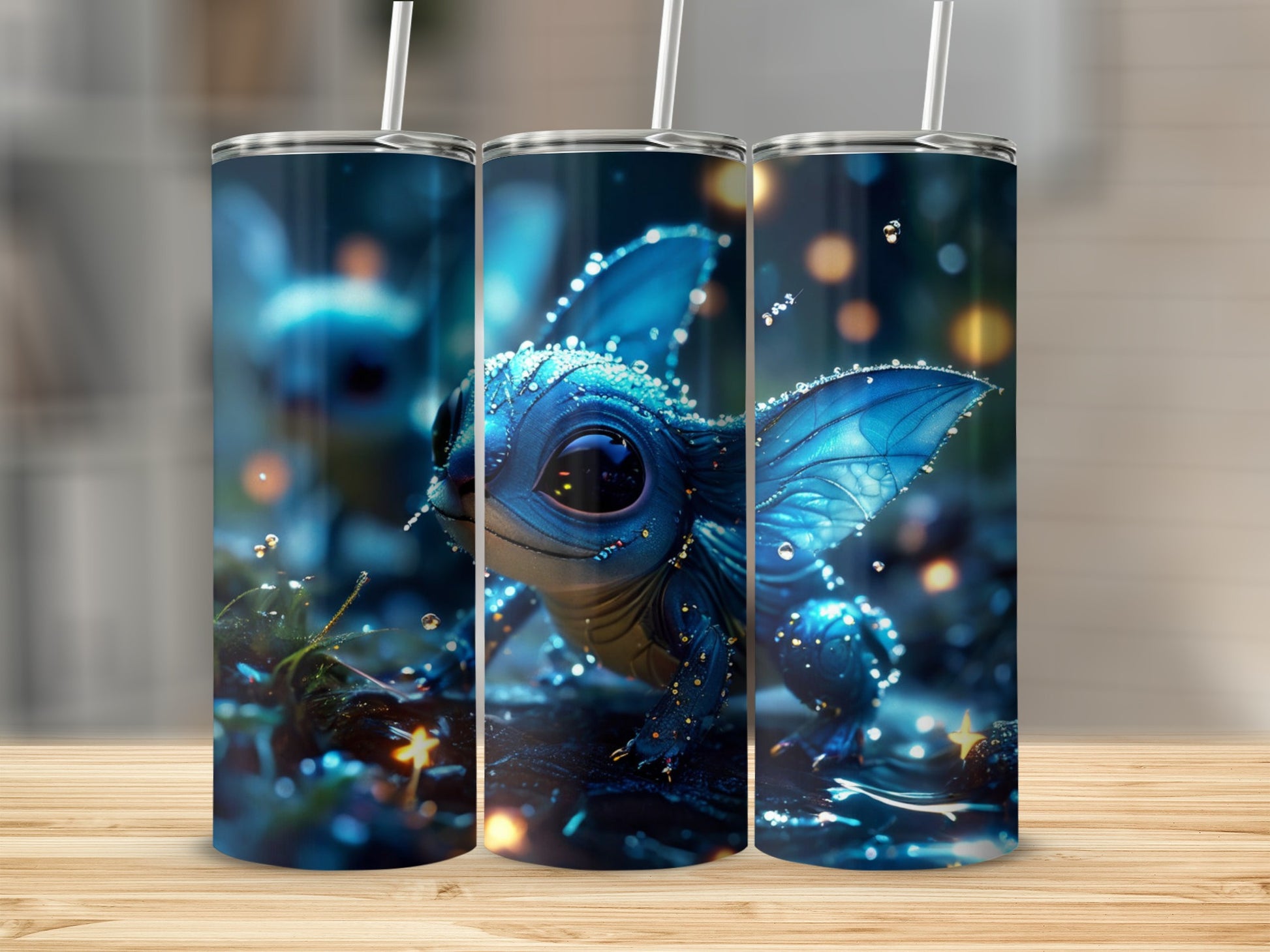 Fuzzy blue dragon creature with sparkly wings on a dark, magical background.