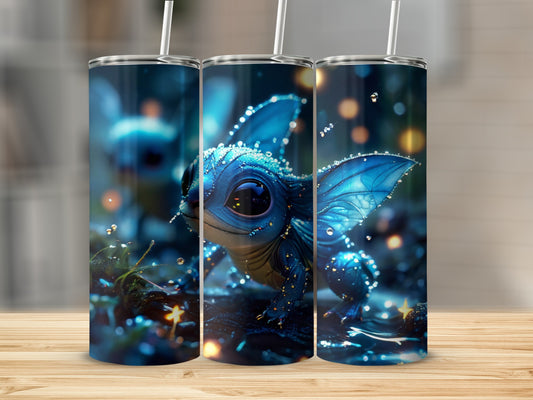 Fuzzy blue dragon creature with sparkly wings on a dark, magical background.