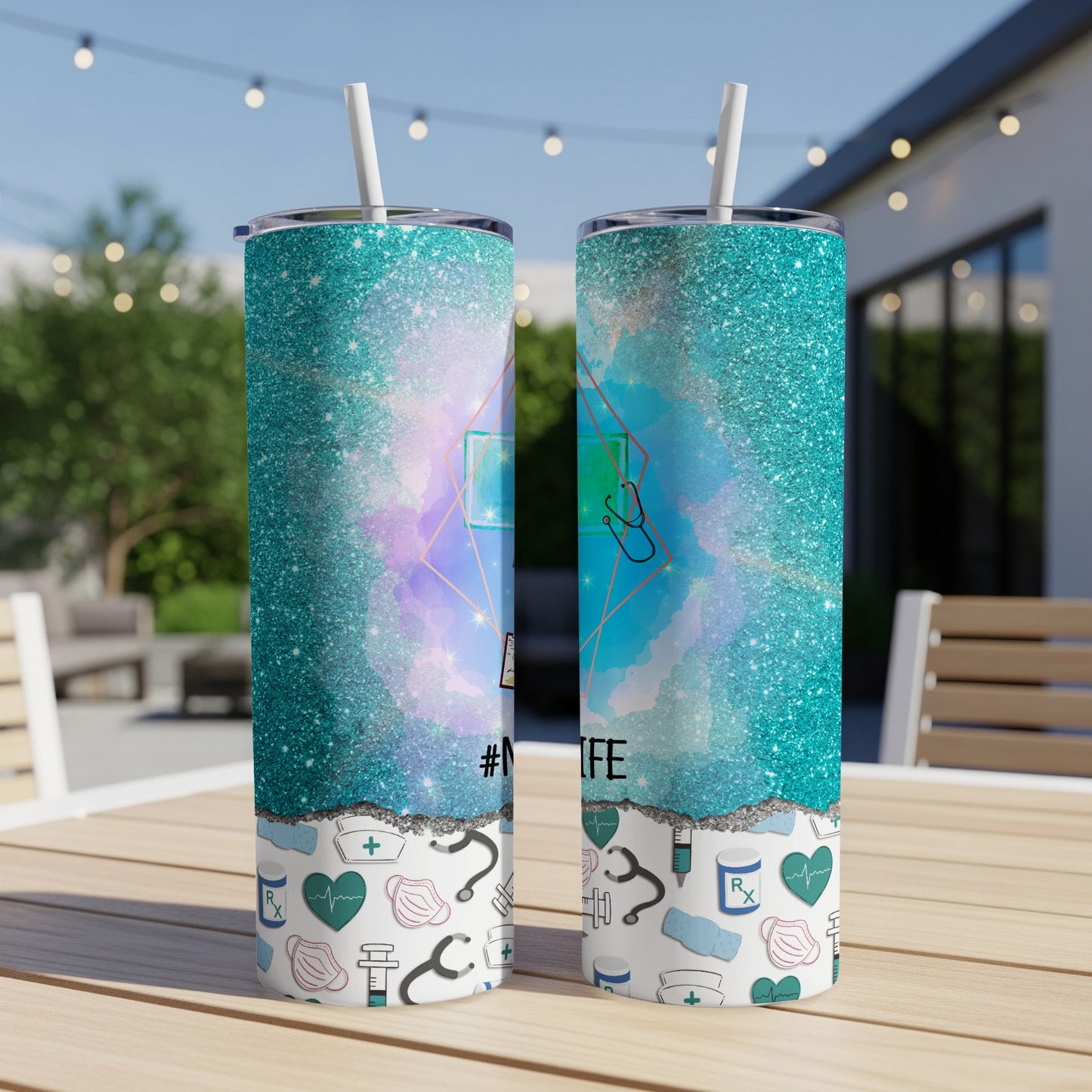 Two tumblers with teal glitter, medical icons, and "#RNLife" text.