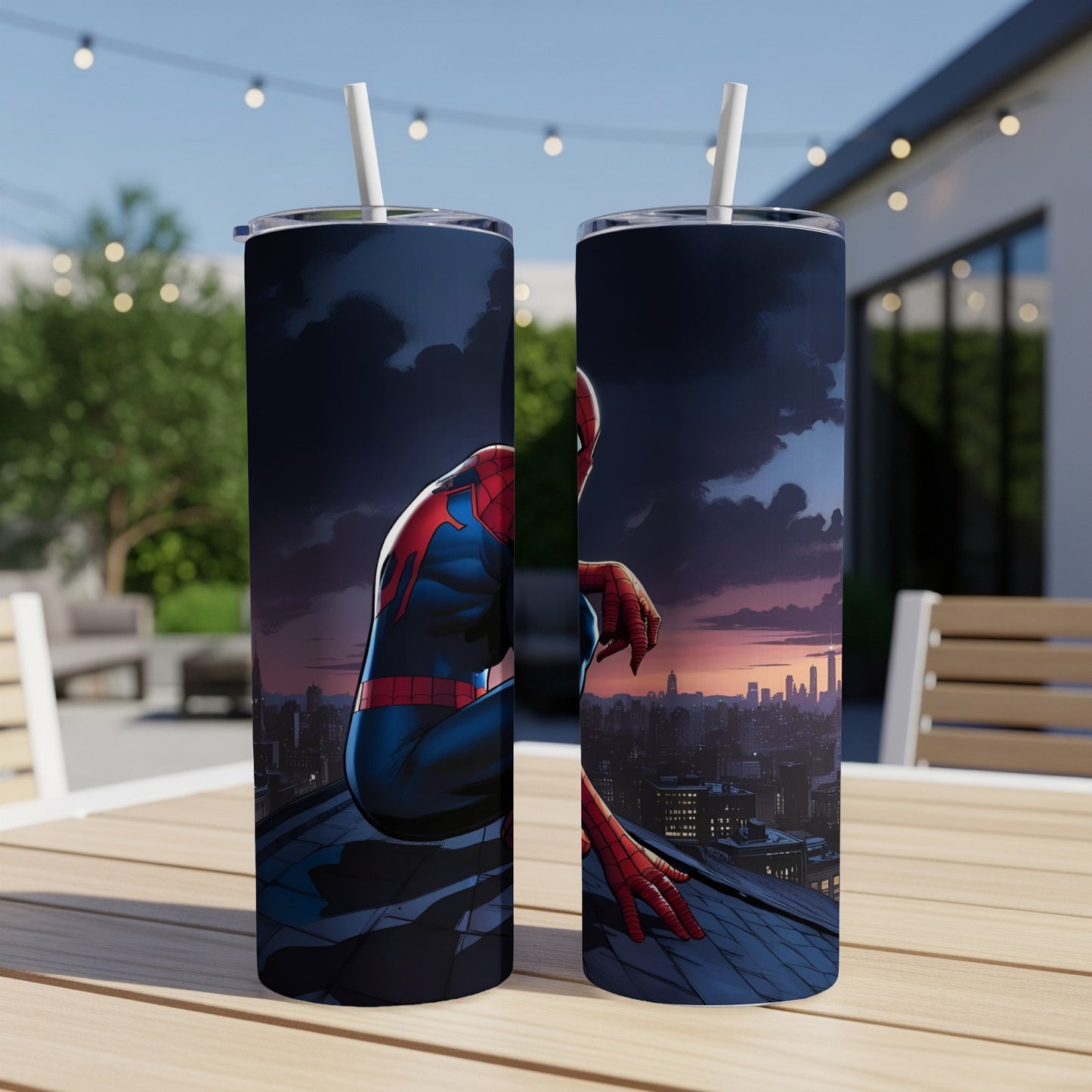 Spider-Man crouches on a building ledge overlooking a city at sunset.