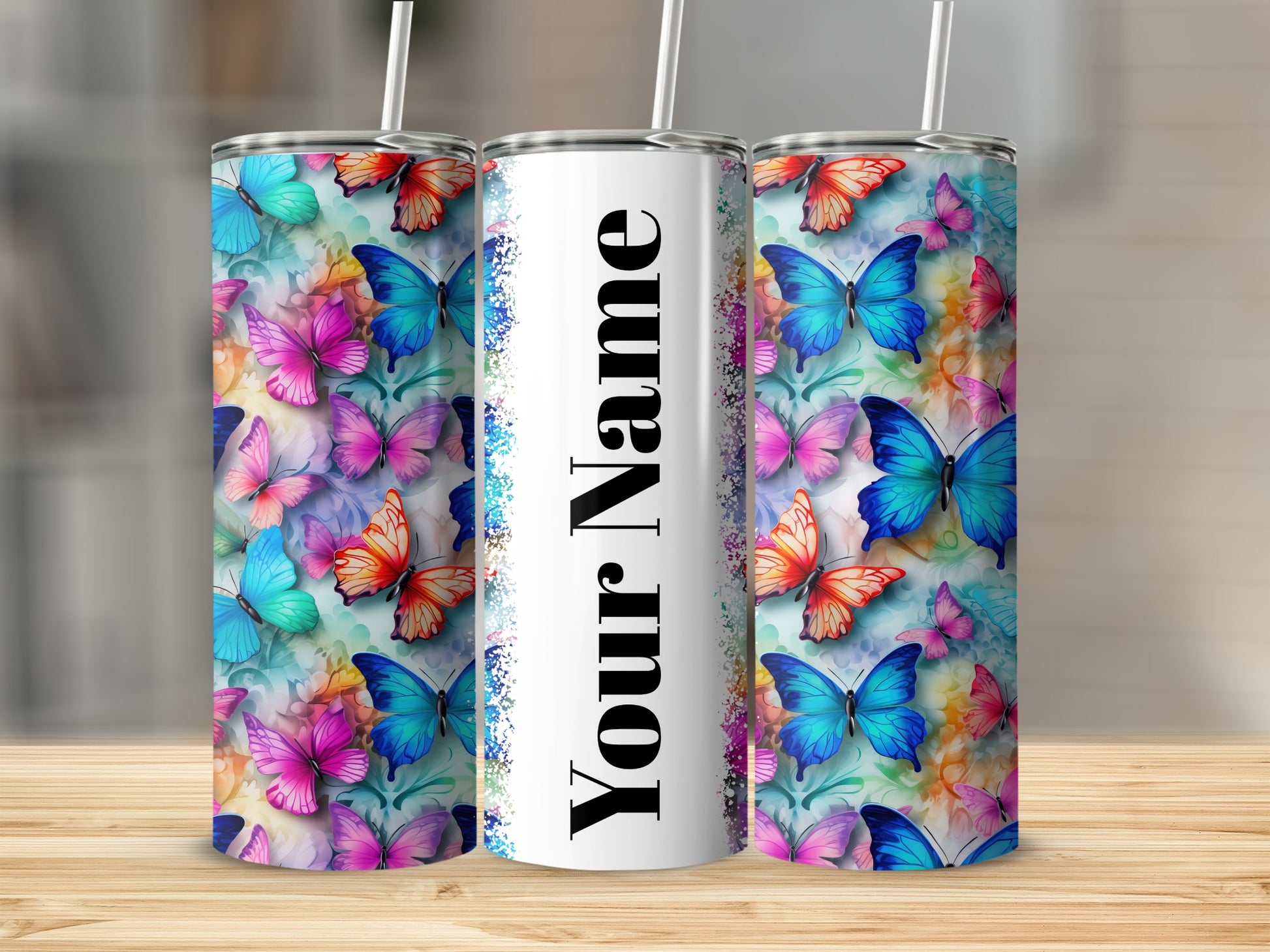 Custom Your Name Multicolor Butterfly Tumbler Product